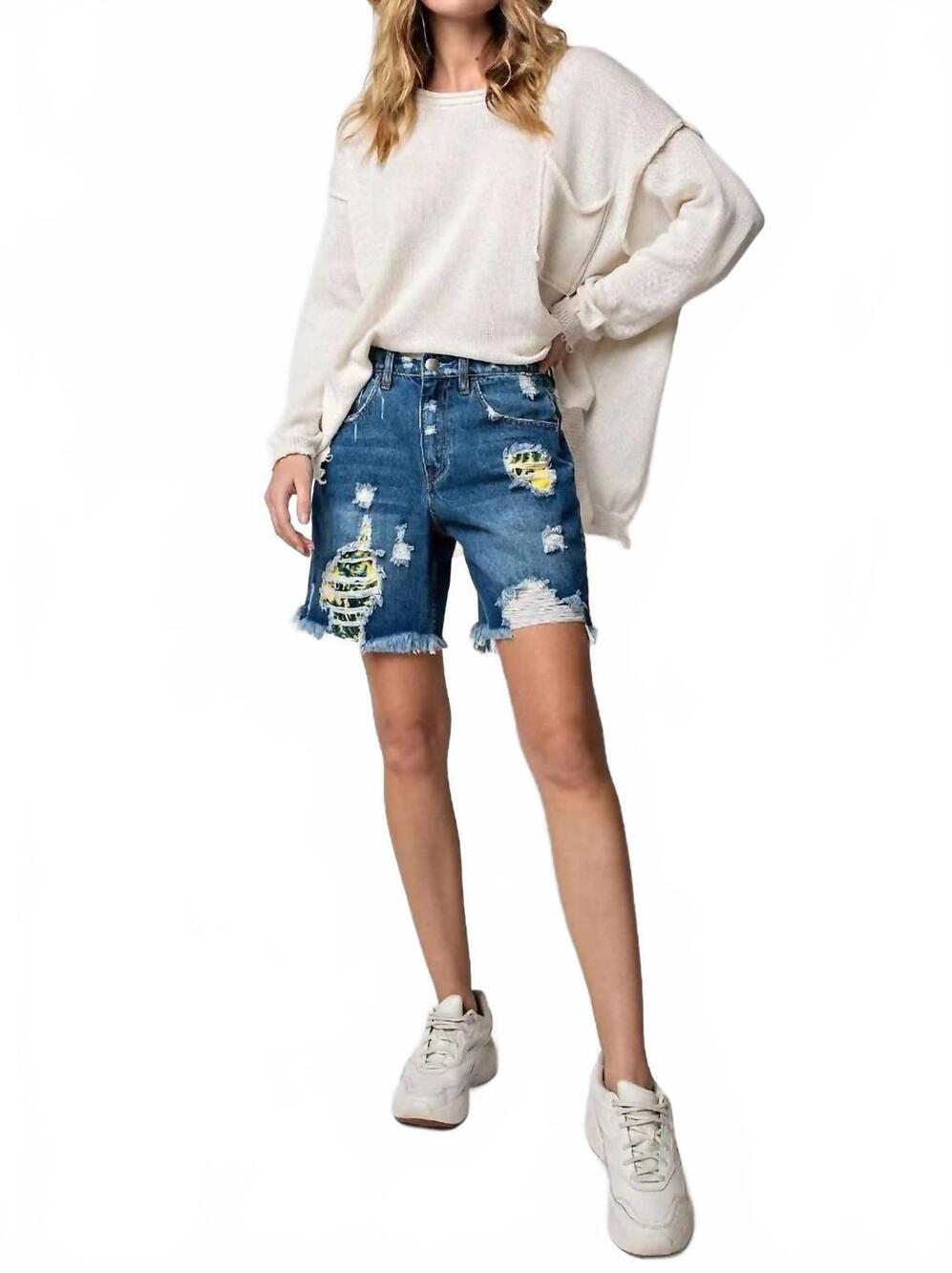 NEW EASEL distressed washed high-rise shorts in dark denim